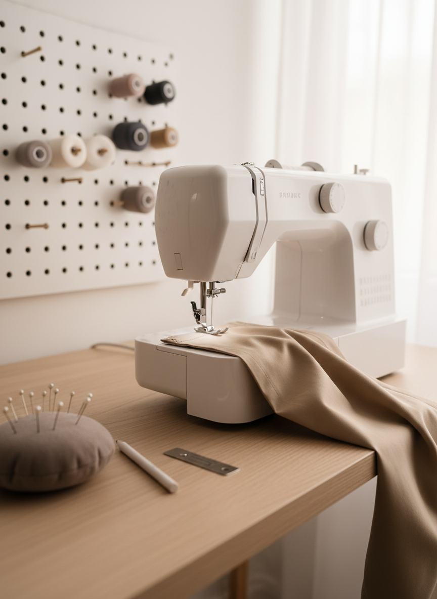 A chic sewing workspace arranged for a detailed tutorial, featuring a modern, matte-white sewing machine placed on a pale oak desk. Under the presser foot is a half-stitched sleeve cuff in sand-colored cotton sateen, showcasing crisp edge-stitching and matching thread. Nearby, a neatly arranged row of fine glass-head pins pierces a pin cushion in a muted taupe, while slim tailor’s chalk and a delicate seam gauge rest alongside. The background includes an orderly pegboard with hanging thread spools in a restrained palette of creams, charcoals, and soft blush. Warm, indirect daylight filters through sheer curtains, creating a tranquil, inviting glow with soft shadows. Framed at a three-quarter angle with a medium depth of field, the image feels instructive yet luxurious, emphasizing clarity, craftsmanship, and photographic realism.