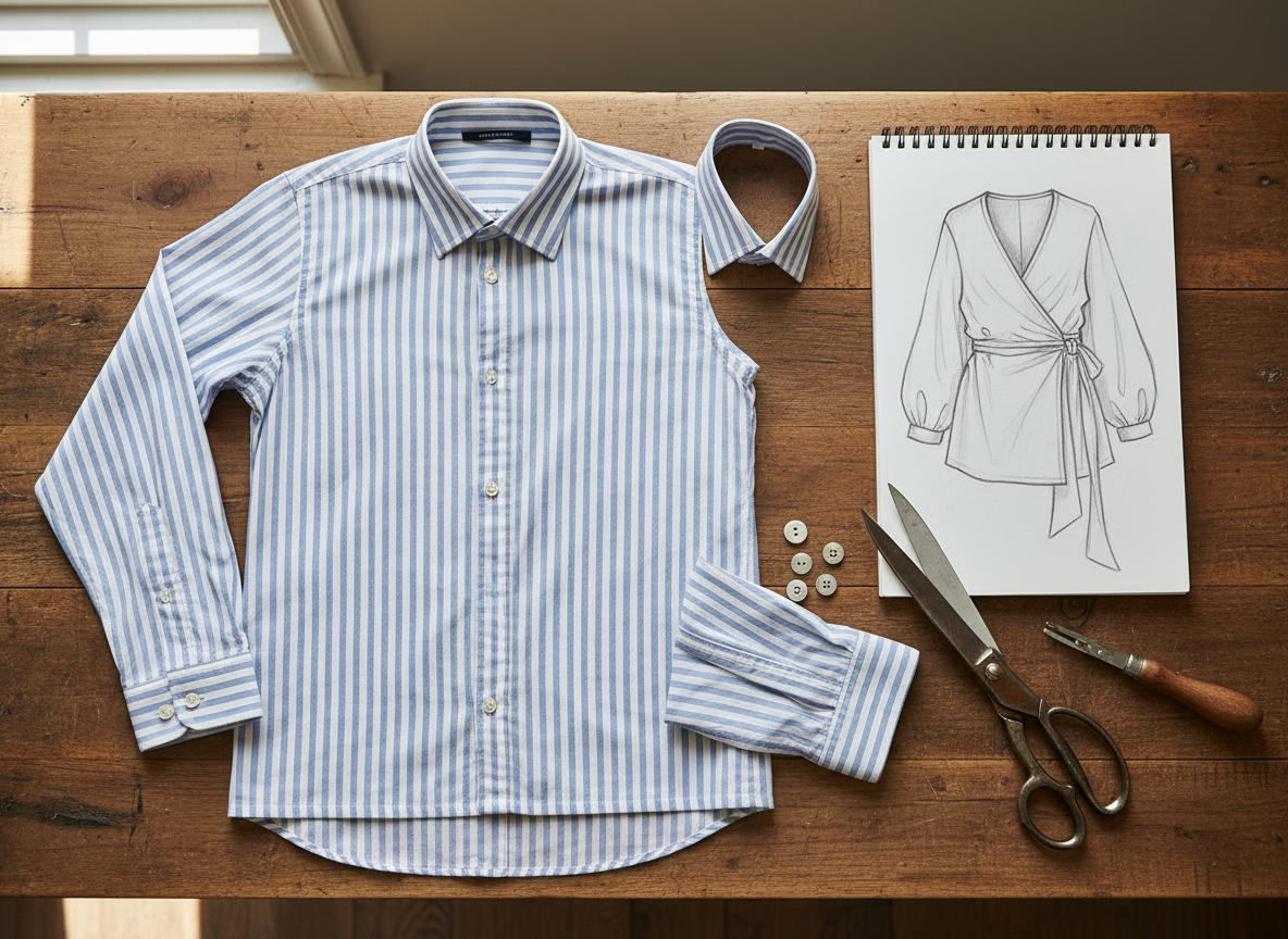 A work-in-progress sustainable fashion project displayed on a large cutting table: a deconstructed men’s striped cotton shirt in soft blue and white, neatly separated into sleeves, collar, and front panels, ready to be transformed into a women’s wrap top. The fabric pieces are carefully arranged beside a sketchbook open to a refined pencil illustration of the final design. Vintage metal scissors, a wooden-handled seam ripper, and a small pile of removed buttons rest nearby. Natural, diffused daylight from an unseen window softly illuminates the scene, enhancing the texture of the cotton and the grain of the tabletop. Captured from a top-down perspective with balanced spacing, the mood is thoughtful and creative, conveying an elevated, eco-conscious approach to refashioning in a clean, photographic style.