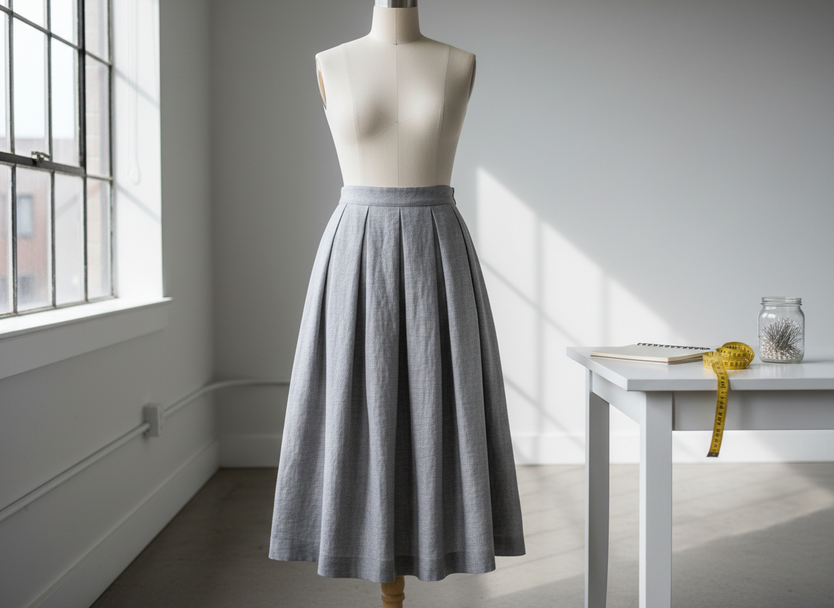 A meticulously sewn, midi-length linen A-line skirt in soft dove gray, displayed on a neutral dress form in a minimalist studio. The skirt features precise topstitching along the waistline, a discreet invisible zipper at the side, and neatly pressed box pleats that fall in clean, architectural lines. It stands near a large window, where diffused afternoon daylight washes over the fabric, revealing its subtle texture and natural slub. Around the dress form, a simple white table holds a closed notebook, rolled measuring tape, and small glass jar of neatly organized pins. Captured at eye level with a slightly off-center composition and shallow depth of field, the mood is sophisticated, calm, and intentionally understated with photographic realism.