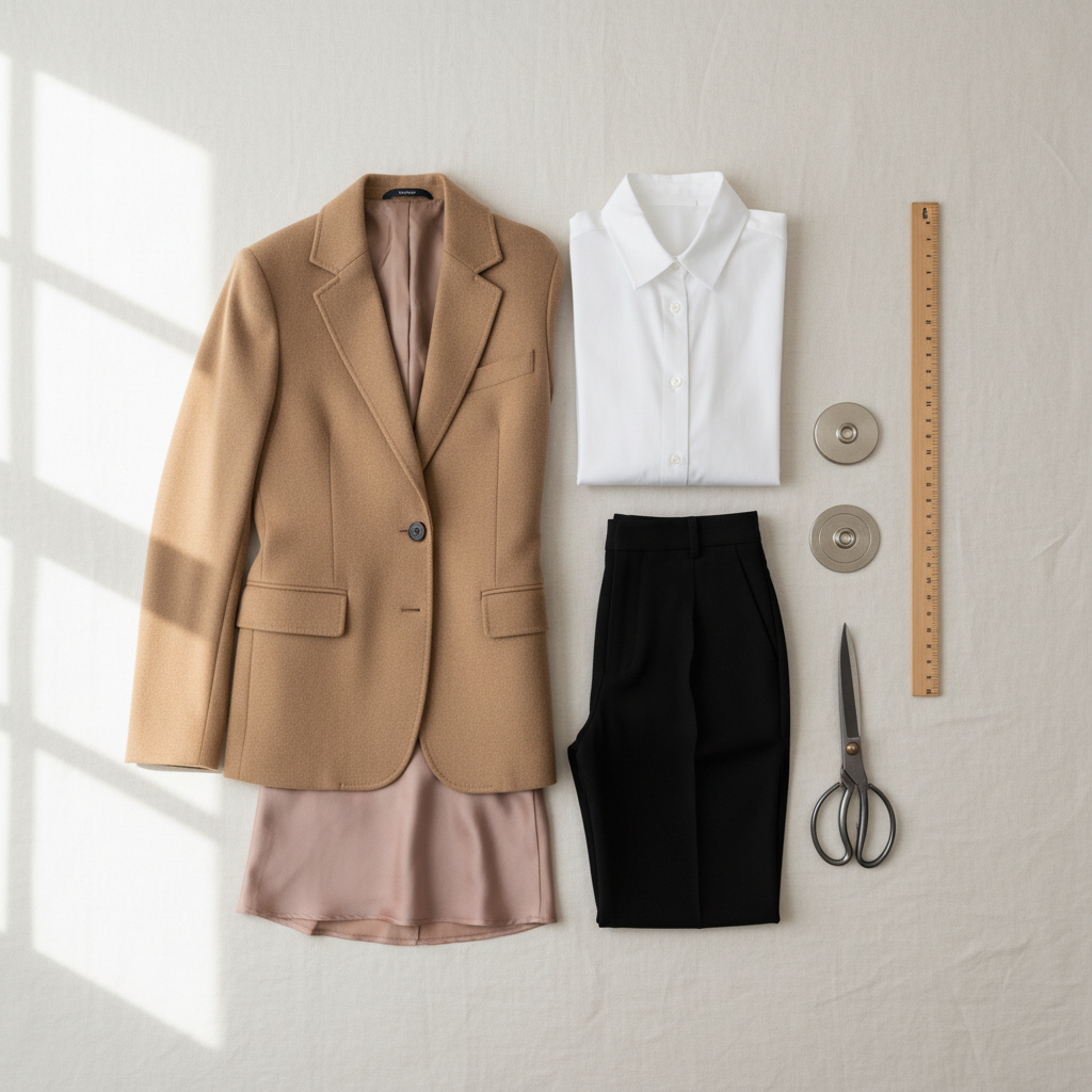 A carefully arranged flat lay of a handmade capsule wardrobe collection in soft, neutral tones, spread across a smooth, ivory linen backdrop. A tailored camel wool blazer, a crisp white poplin button-up, high-waisted black crepe trousers, and a bias-cut silk slip skirt in muted blush are folded with precision, highlighting clean seams and impeccable finishing. Beside them rests a wooden tailor’s ruler, metal pattern weights, and a pair of brushed-steel dressmaking shears. Gentle overcast window light from the left creates a refined, even illumination and delicate shadows along the fabric folds. Shot from a bird’s-eye view with balanced, rule-of-thirds composition, the image feels curated and elegant, reflecting a sophisticated, sustainable fashion mindset in a clean, modern, photographic style.