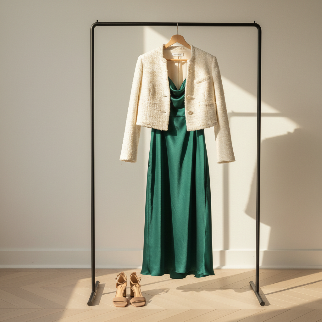 A thoughtfully styled outfit ensemble on a minimalist clothing rack, featuring a handmade, bias-cut emerald satin midi dress with a subtle sheen, layered beneath a cropped, textured ivory bouclé jacket. The dress’s clean neckline, precise bust darts, and fluid drape are clearly visible, while the jacket exposes carefully finished seams and petite covered buttons. Beneath the rack, a pair of sleek, neutral block-heeled sandals is positioned on a pale herringbone wood floor. Soft golden-hour light pours in from the right, catching the satin’s gentle shimmer and casting elongated, elegant shadows. Shot at eye level with a slightly angled perspective, the composition emphasizes the harmonious color palette and sophisticated styling. The atmosphere is polished and aspirational, highlighting handmade women’s fashion with a clean, modern, realistic aesthetic.