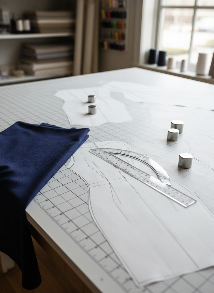 A partially drafted sewing pattern for a fitted sheath dress spread over a large, gridded pattern-cutting table, the translucent pattern paper secured by sleek metal weights. Delicate pencil lines, darts, and notches are crisply visible, with a clear French curve and transparent ruler aligned along the princess seam. To the side lies a neatly folded length of fine, deep-navy ponte knit, its surface smooth and luxe. Soft, directional daylight from a nearby window creates gentle highlights on the tools and paper, while the background recedes into a tasteful blur of shelves with neatly stacked fabrics. Captured from a slightly elevated angle with shallow depth of field, the atmosphere is focused and refined, evoking the quiet precision of professional pattern drafting in a realistic, sophisticated aesthetic.