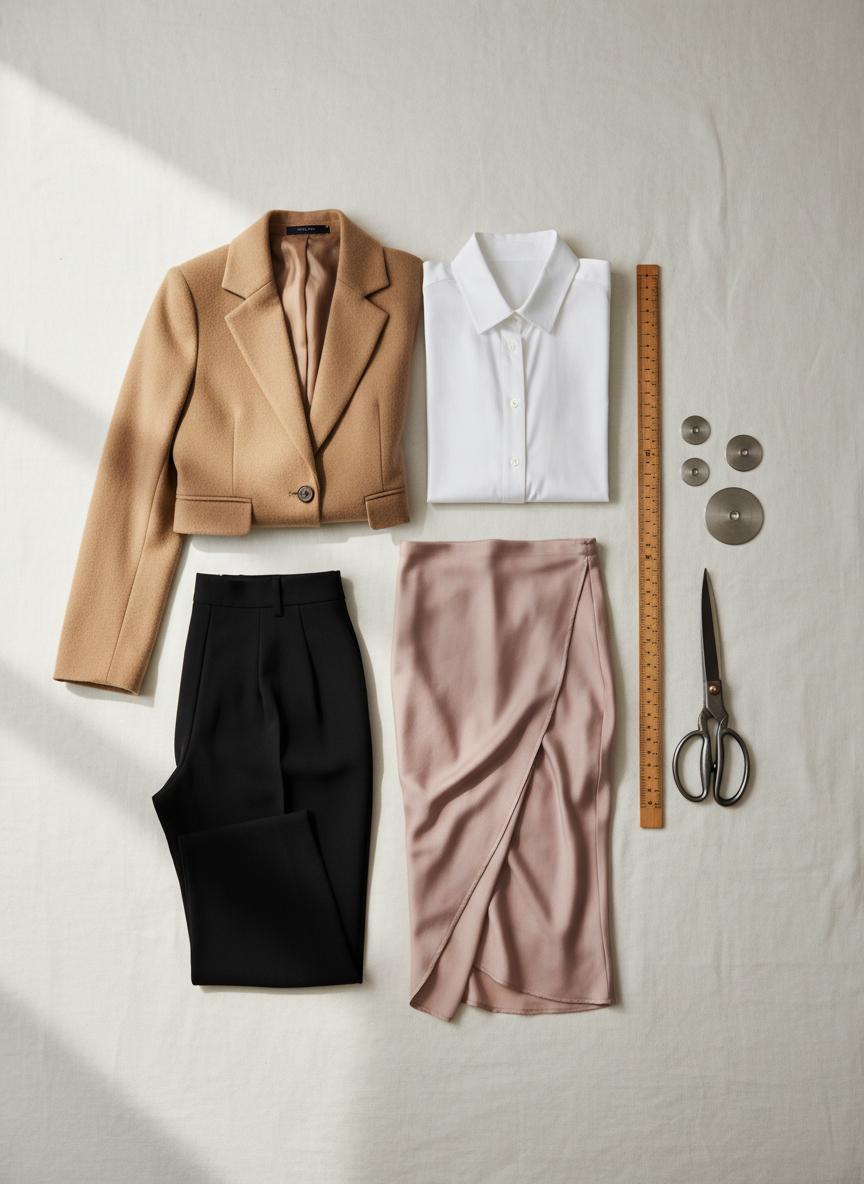 A carefully arranged flat lay of a handmade capsule wardrobe collection in soft, neutral tones, spread across a smooth, ivory linen backdrop. A tailored camel wool blazer, a crisp white poplin button-up, high-waisted black crepe trousers, and a bias-cut silk slip skirt in muted blush are folded with precision, highlighting clean seams and impeccable finishing. Beside them rests a wooden tailor’s ruler, metal pattern weights, and a pair of brushed-steel dressmaking shears. Gentle overcast window light from the left creates a refined, even illumination and delicate shadows along the fabric folds. Shot from a bird’s-eye view with balanced, rule-of-thirds composition, the image feels curated and elegant, reflecting a sophisticated, sustainable fashion mindset in a clean, modern, photographic style.