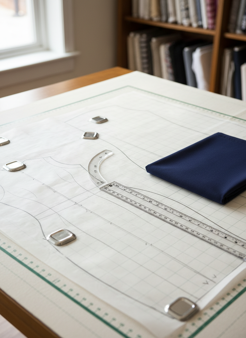 A partially drafted sewing pattern for a fitted sheath dress spread over a large, gridded pattern-cutting table, the translucent pattern paper secured by sleek metal weights. Delicate pencil lines, darts, and notches are crisply visible, with a clear French curve and transparent ruler aligned along the princess seam. To the side lies a neatly folded length of fine, deep-navy ponte knit, its surface smooth and luxe. Soft, directional daylight from a nearby window creates gentle highlights on the tools and paper, while the background recedes into a tasteful blur of shelves with neatly stacked fabrics. Captured from a slightly elevated angle with shallow depth of field, the atmosphere is focused and refined, evoking the quiet precision of professional pattern drafting in a realistic, sophisticated aesthetic.